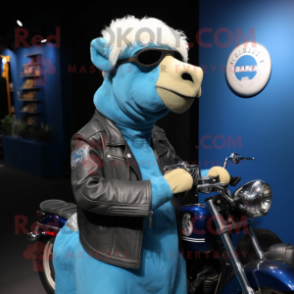 Blue Camel mascot costume character dressed with a Moto Jacket and Hairpins