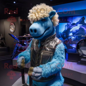 Blue Camel mascot costume character dressed with a Moto Jacket and Hairpins