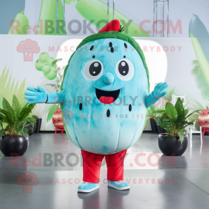 Sky Blue Watermelon mascot costume character dressed with a Overalls and Headbands