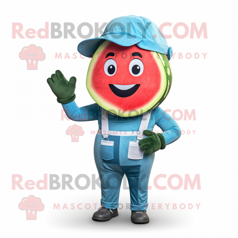 Sky Blue Watermelon mascot costume character dressed with a Overalls and Headbands Sky Blue Watermelon mascot costume character dressed with a Overalls and Headbands