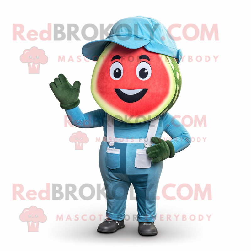 Sky Blue Watermelon mascot costume character dressed with a Overalls and Headbands