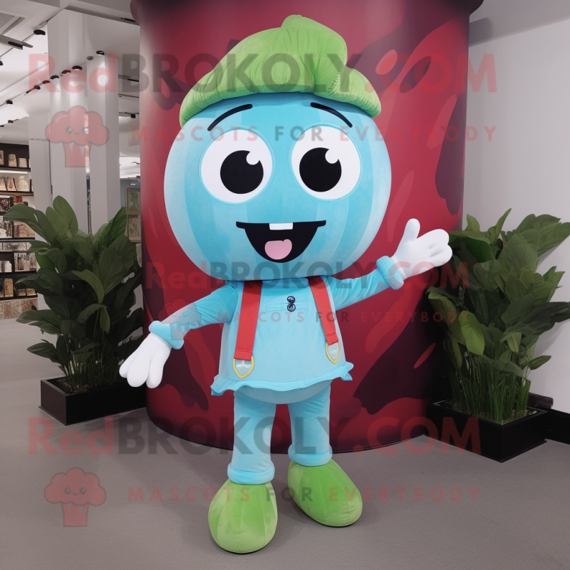 Sky Blue Watermelon mascot costume character dressed with a Overalls and Headbands