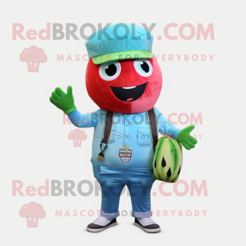 Sky Blue Watermelon mascot costume character dressed with a Overalls and Headbands