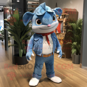 Sky Blue Swordfish mascot costume character dressed with a Boyfriend Jeans and Cummerbunds