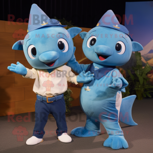 Sky Blue Swordfish mascot costume character dressed with a Boyfriend Jeans and Cummerbunds