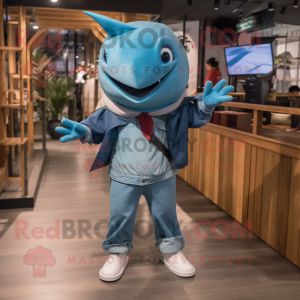 Sky Blue Swordfish mascot costume character dressed with a Boyfriend Jeans and Cummerbunds