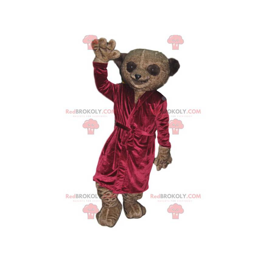 Mascote de lêmure marrom com olhos grandes e um roupão de banho Mascote de lêmure marrom com olhos grandes e um roupão de banho