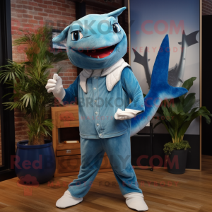 Sky Blue Swordfish mascot costume character dressed with a Boyfriend Jeans and Cummerbunds