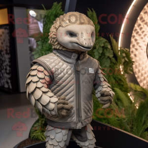 Gray Pangolin mascot costume character dressed with a Moto Jacket and Lapel pins