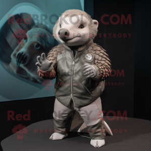 Gray Pangolin mascot costume character dressed with a Moto Jacket and Lapel pins