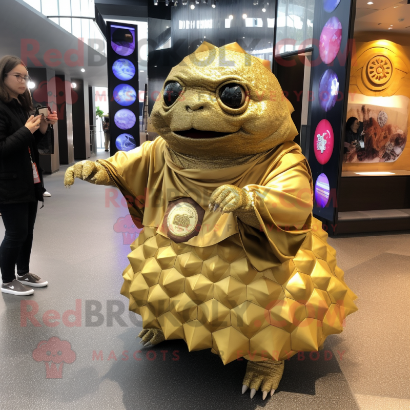 Gold Glyptodon mascot costume character dressed with a Wrap Skirt and Keychains