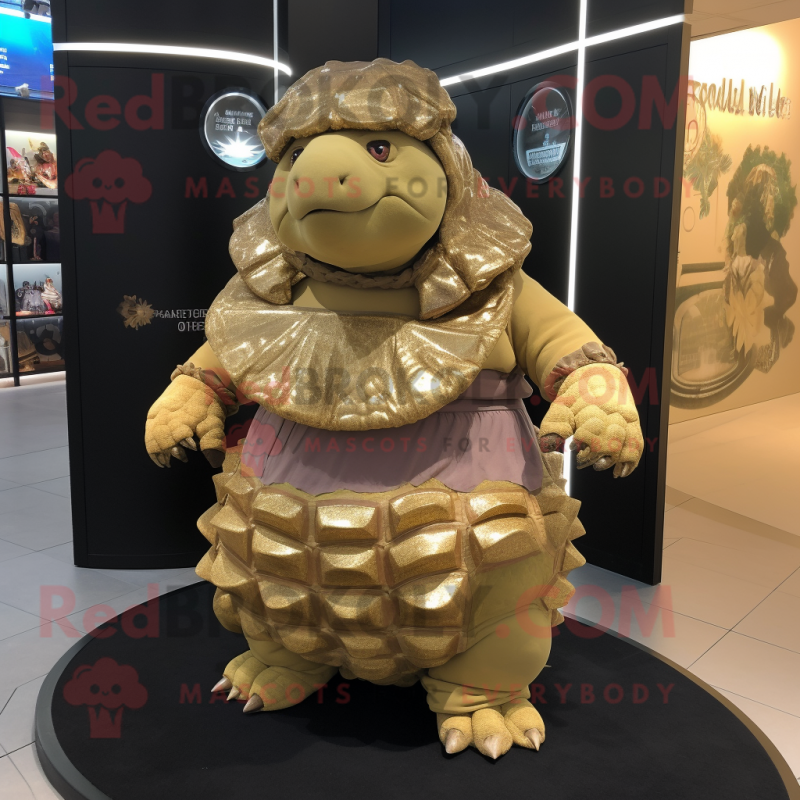 Gold Glyptodon mascot costume character dressed with a Wrap Skirt and Keychains Gold Glyptodon mascot costume character dressed with a Wrap Skirt and Keychains