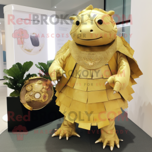 Gold Glyptodon mascot costume character dressed with a Wrap Skirt and Keychains