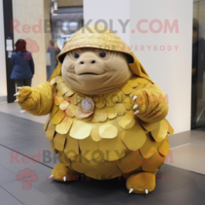 Gold Glyptodon mascot costume character dressed with a Wrap Skirt and Keychains