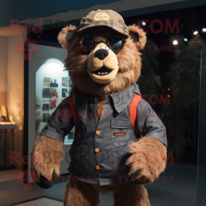 Rust Spectacled Bear mascot costume character dressed with a Chinos and Beanies