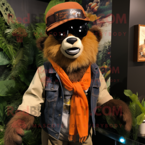 Rust Spectacled Bear mascot costume character dressed with a Chinos and Beanies