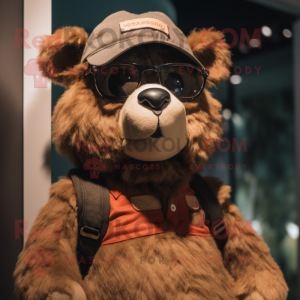 Rust Spectacled Bear mascot costume character dressed with a Chinos and Beanies