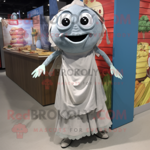 Gray Fish Tacos mascot costume character dressed with a Maxi Dress and Shoe laces