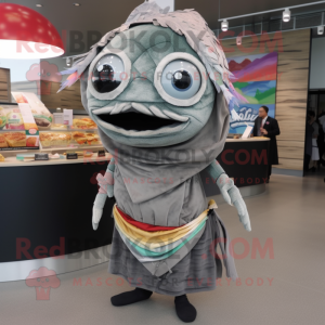 Gray Fish Tacos mascot costume character dressed with a Maxi Dress and Shoe laces