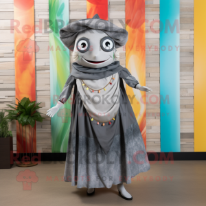 Gray Fish Tacos mascot costume character dressed with a Maxi Dress and Shoe laces