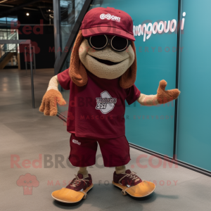 Maroon Skateboard mascot costume character dressed with a Cargo Shorts and Caps