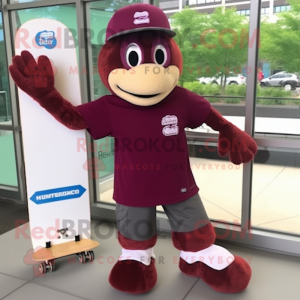 Maroon Skateboard mascot costume character dressed with a Cargo Shorts and Caps