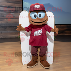 Maroon Skateboard mascot costume character dressed with a Cargo Shorts and Caps