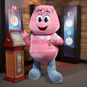 Pink Hourglass mascot costume character dressed with a Chambray Shirt and Coin purses