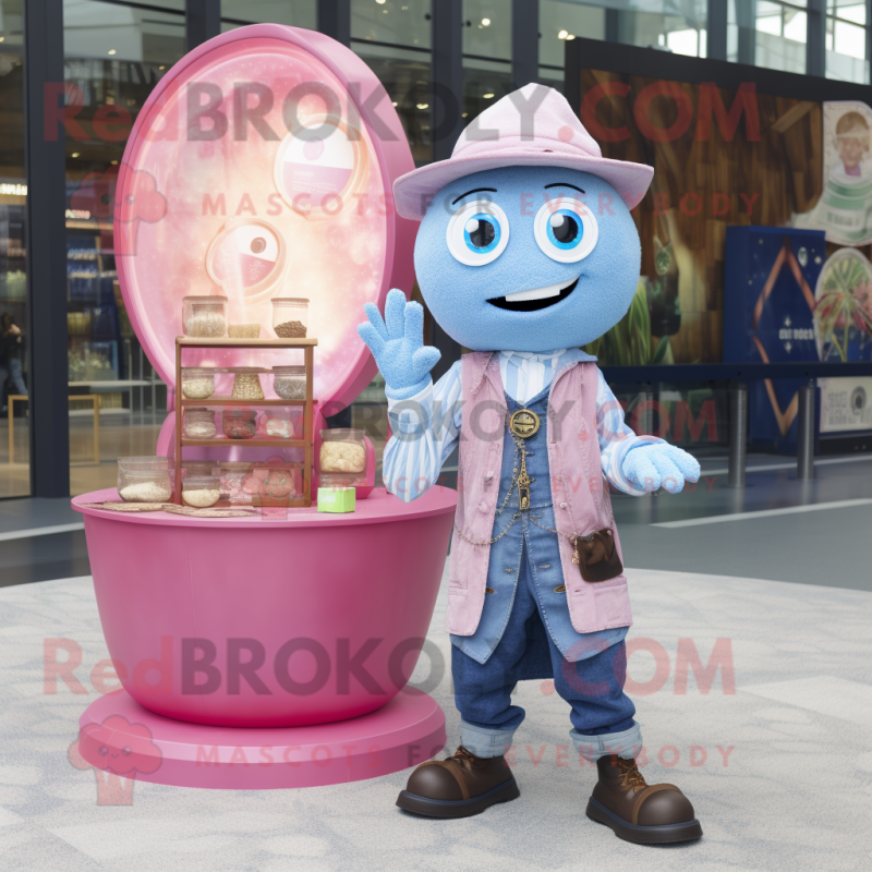 Pink Hourglass mascot costume character dressed with a Chambray Shirt and Coin purses