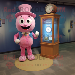 Pink Hourglass mascot costume character dressed with a Chambray Shirt and Coin purses