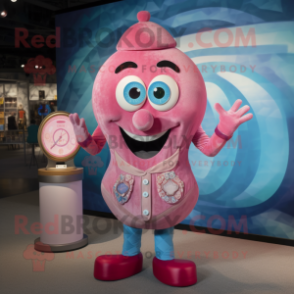 Pink Hourglass mascot costume character dressed with a Chambray Shirt and Coin purses