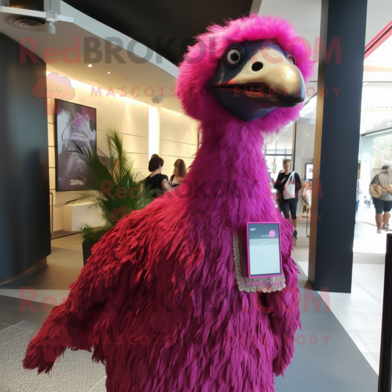 Magenta Ostrich mascot costume character dressed with a Sheath Dress and Shawl pins Magenta Ostrich mascot costume character dressed with a Sheath Dress and Shawl pins