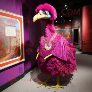 Magenta Ostrich mascot costume character dressed with a Sheath Dress and Shawl pins