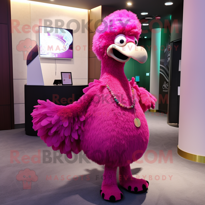 Magenta Ostrich mascot costume character dressed with a Sheath Dress and Shawl pins