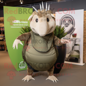 Olive Armadillo mascot costume character dressed with a Tank Top and Tote bags
