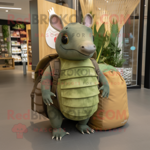 Olive Armadillo mascot costume character dressed with a Tank Top and Tote bags