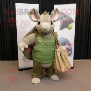 Olive Armadillo mascot costume character dressed with a Tank Top and Tote bags