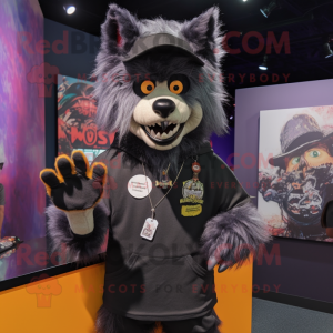 nan Werewolf mascot costume character dressed with a Graphic Tee and Hat pins