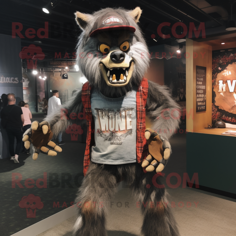 nan Werewolf mascot costume character dressed with a Graphic Tee and Hat pins nan Werewolf mascot costume character dressed with a Graphic Tee and Hat pins