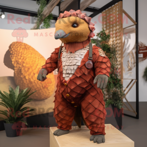Rust Pangolin mascot costume character dressed with a Romper and Suspenders