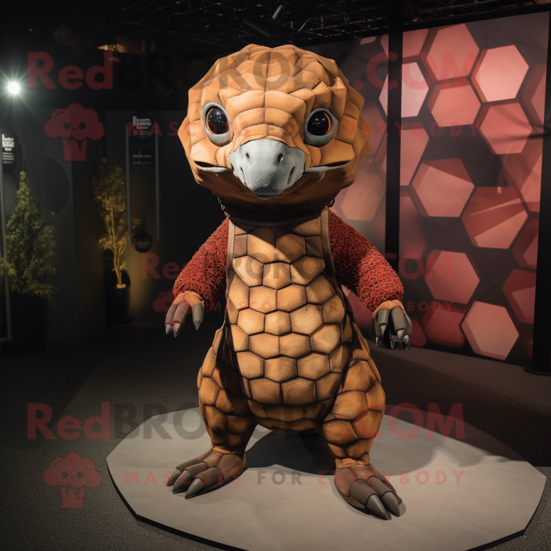 Rust Pangolin mascot costume character dressed with a Romper and Suspenders