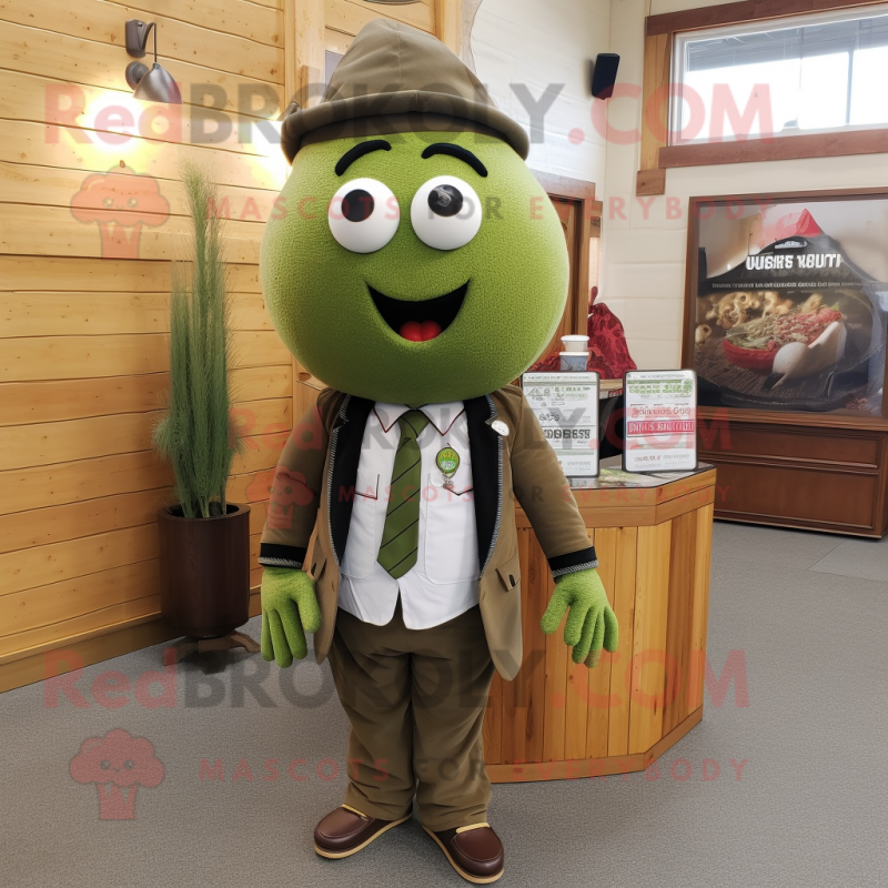 Olive Meatballs mascot costume character dressed with a Blazer and Headbands Olive Meatballs mascot costume character dressed with a Blazer and Headbands