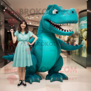 Turquoise T Rex mascot costume character dressed with a A-Line Skirt and Anklets