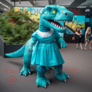 Turquoise T Rex mascot costume character dressed with a A-Line Skirt and Anklets