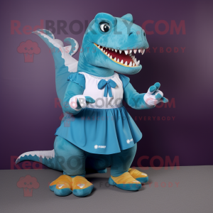 Turquoise T Rex mascot costume character dressed with a A-Line Skirt and Anklets
