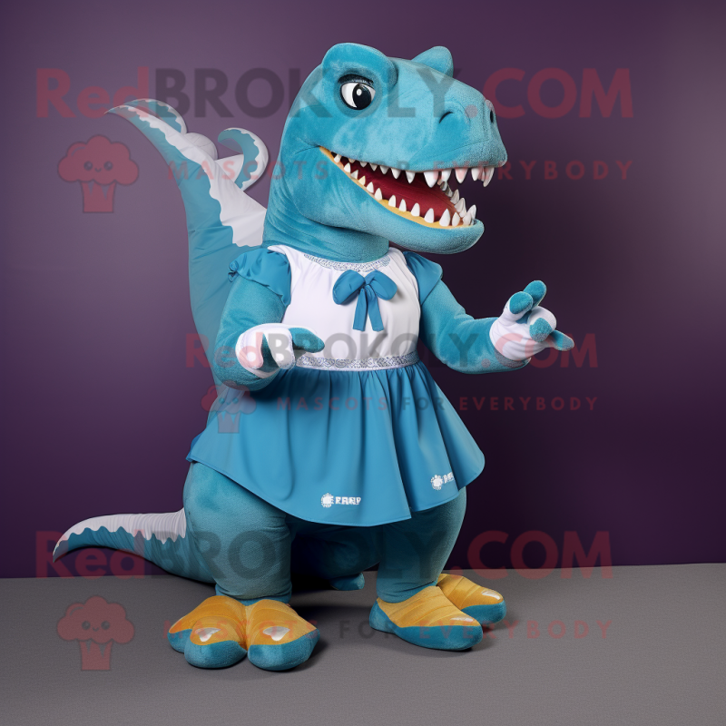 Turquoise T Rex mascot costume character dressed with a A-Line Skirt and Anklets Turquoise T Rex mascot costume character dressed with a A-Line Skirt and Anklets