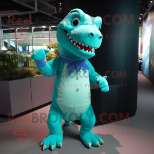 Turquoise T Rex mascot costume character dressed with a A-Line Skirt and Anklets