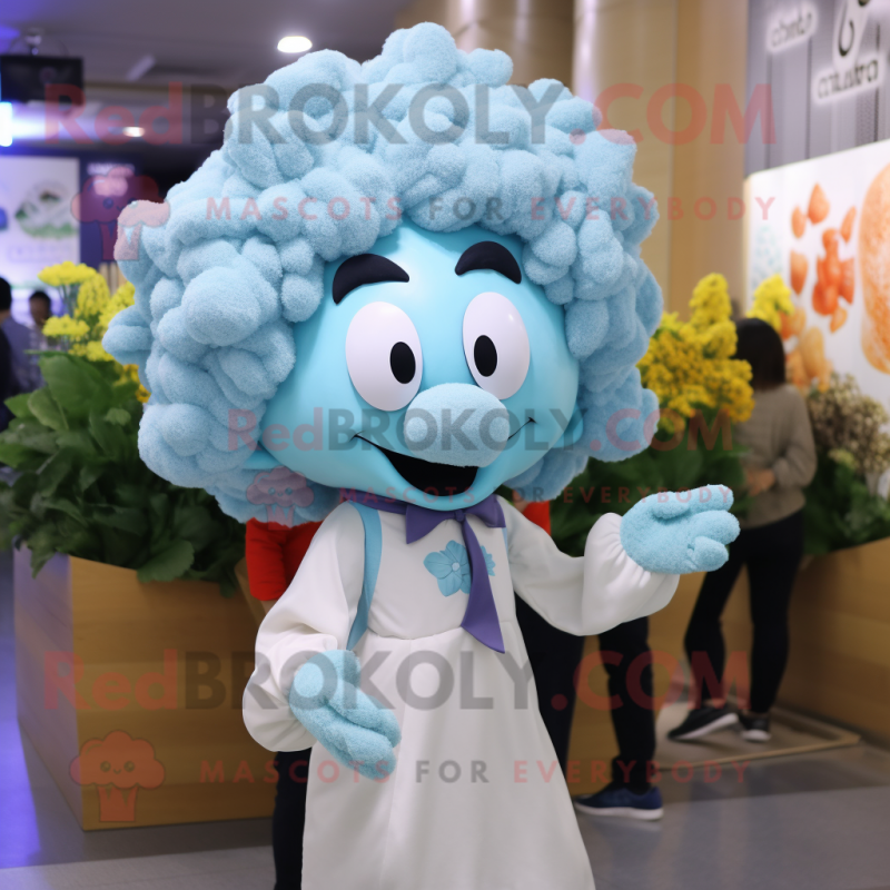 Sky Blue Cauliflower mascot costume character dressed with a Dress Shirt and Hair clips