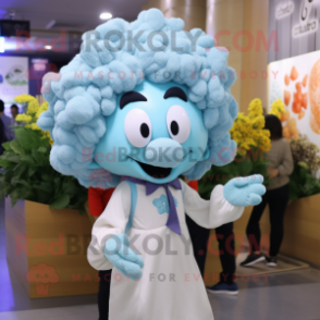 Sky Blue Cauliflower mascot costume character dressed with a Dress Shirt and Hair clips