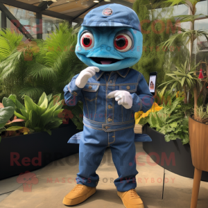 Blue Piranha mascot costume character dressed with a Denim Shirt and Smartwatches